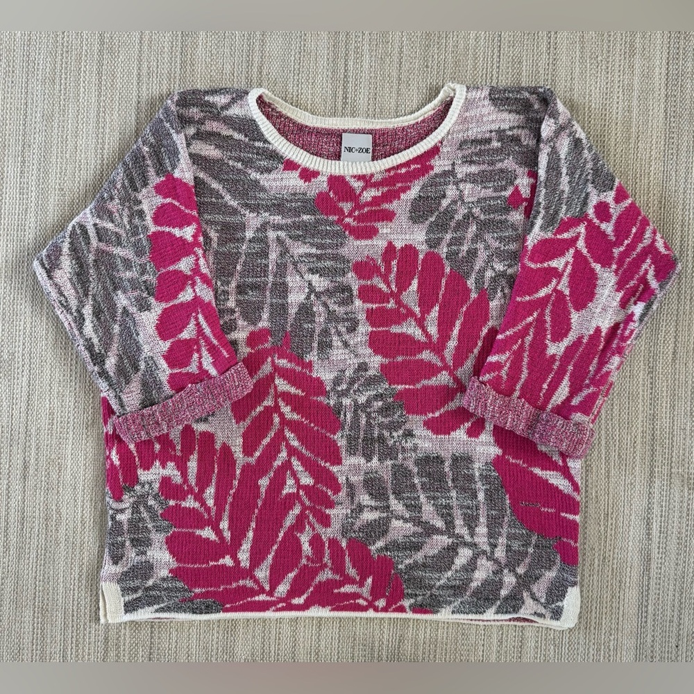Nic+Zoe pink grey soft cotton 3/4 sleeves crewneck‎ knit sweater top women’s M